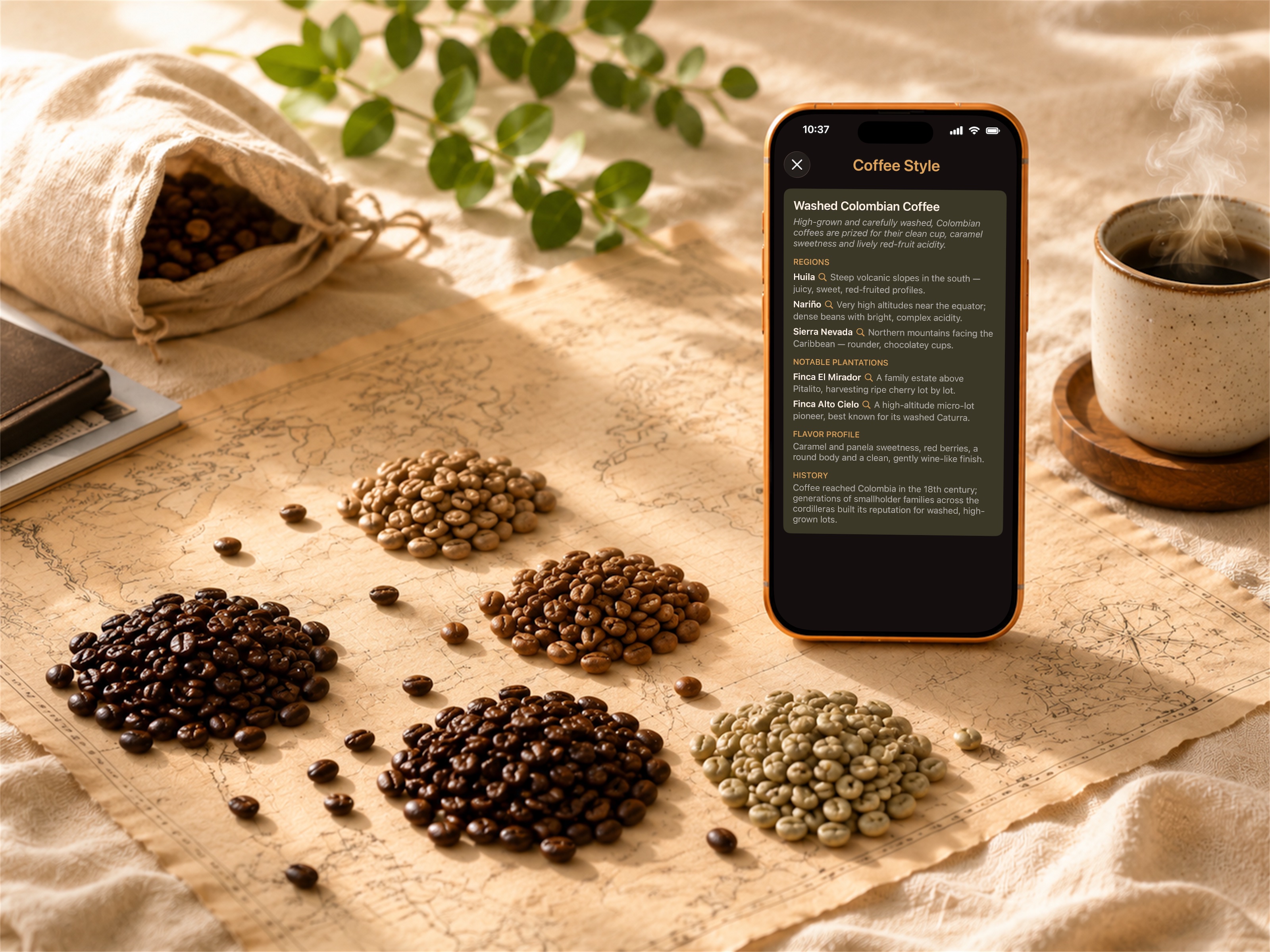 World-of-coffee still life with beans of different roast shades (illustration placeholder)