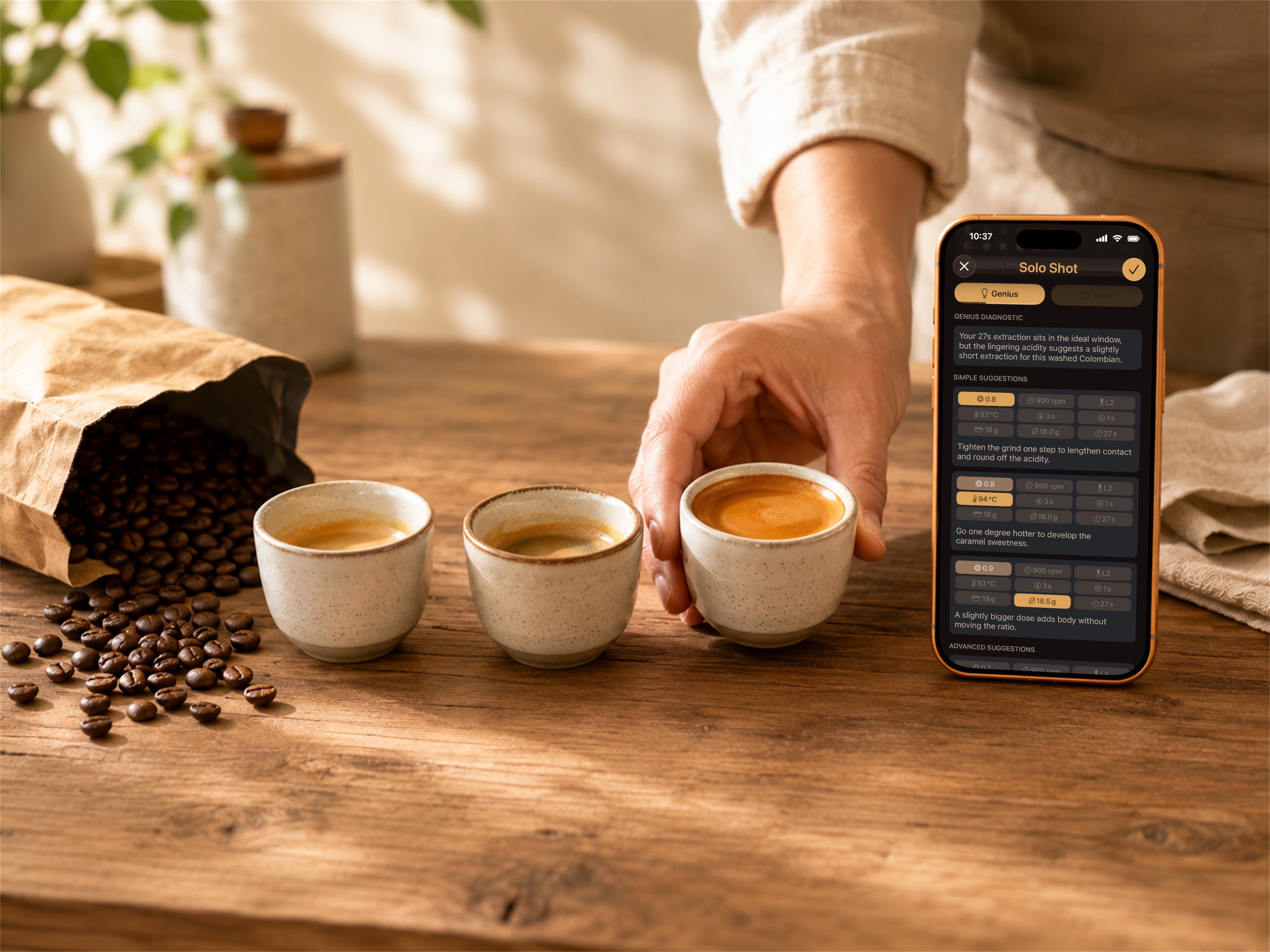 Open kraft coffee bag and three espresso cups, the third with perfect crema (illustration placeholder)