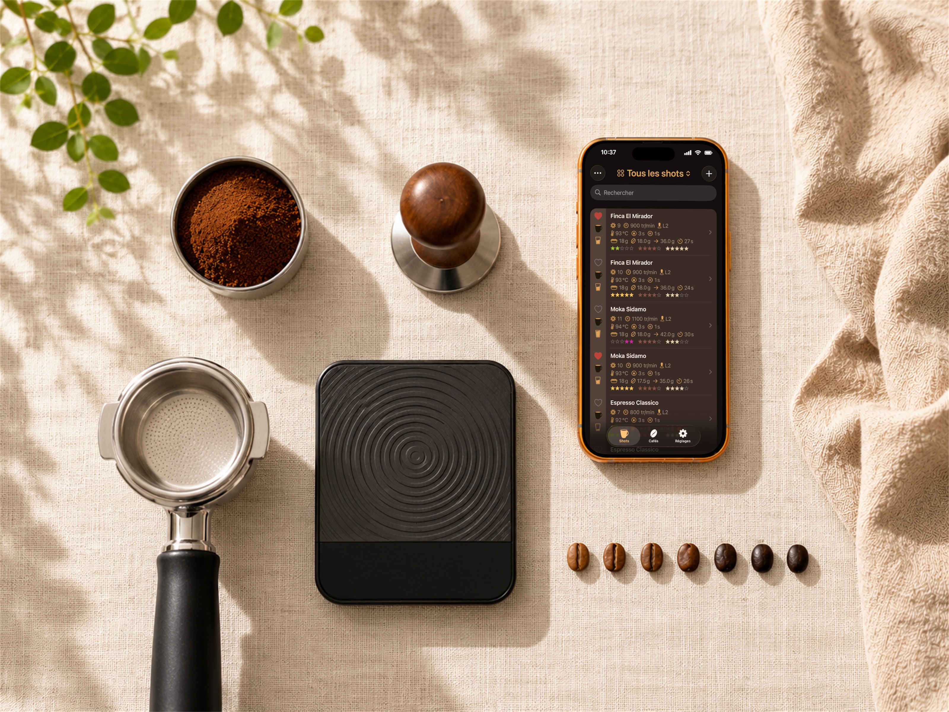 Vue zénithale d’outils espresso disposés comme des instruments de labo (illustration à venir)